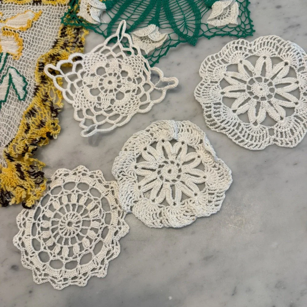 Vintage Handmade Crochet Doily Lot 11pc Floral 3D Green White Yellow Lace Set